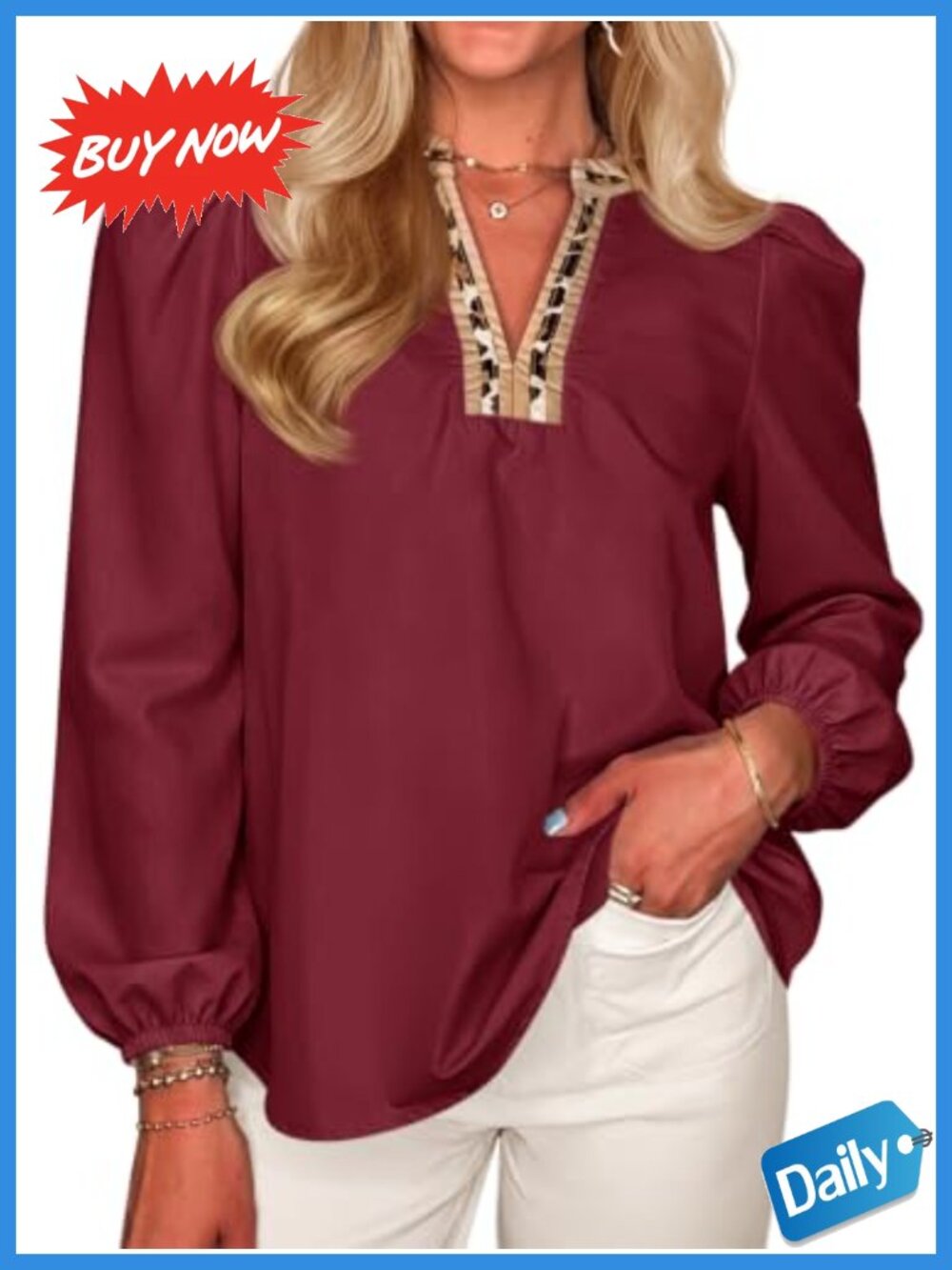 Womens Puff Long Sleeve Blouse V Neck Leopard Trim Relaxed Fit Top